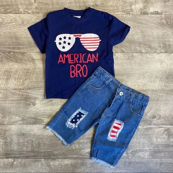 Boys American Bro Tee and Capri Patriotic Outfit - Picture 1 of 3